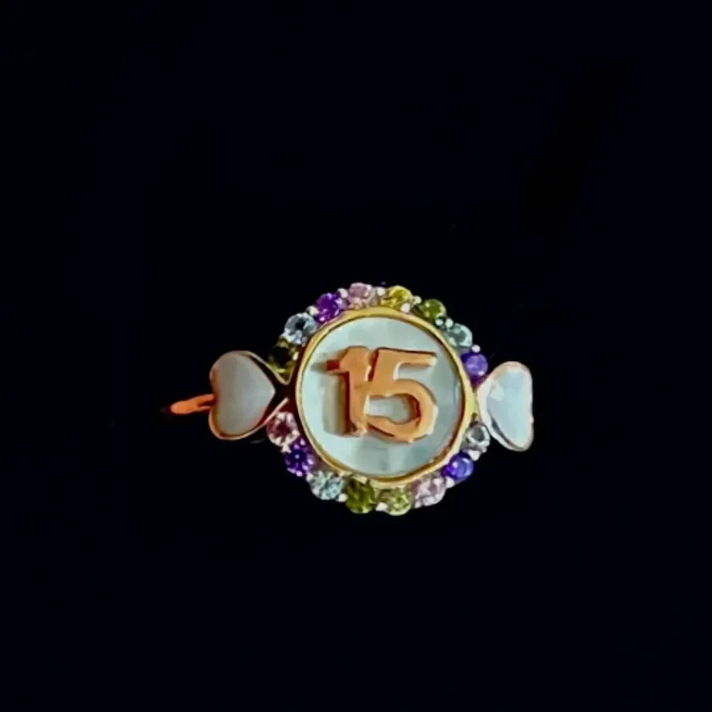 14k Two Tone solid Gold Girl Heart Sweet 15 Years Birthday Stone Ring Band |